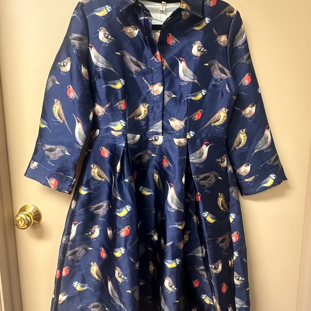 NWT Bird Print Dress Navy Fit & Flare Small (Tagged L) Nature Motif